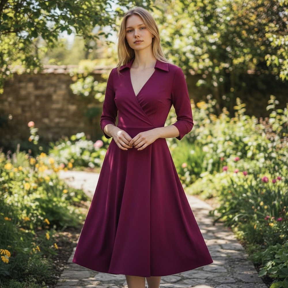 Librarian Chic Dark Academia Burgundy Surplice Fit & Flare Dress 3/4 Sleeve L. - Picture 2 of 4